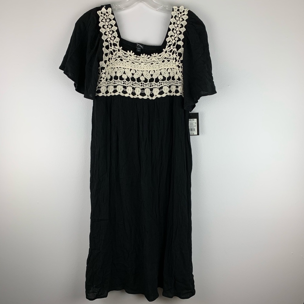 Black "Crushed"‎ Fabric Dress with Crochet Applique